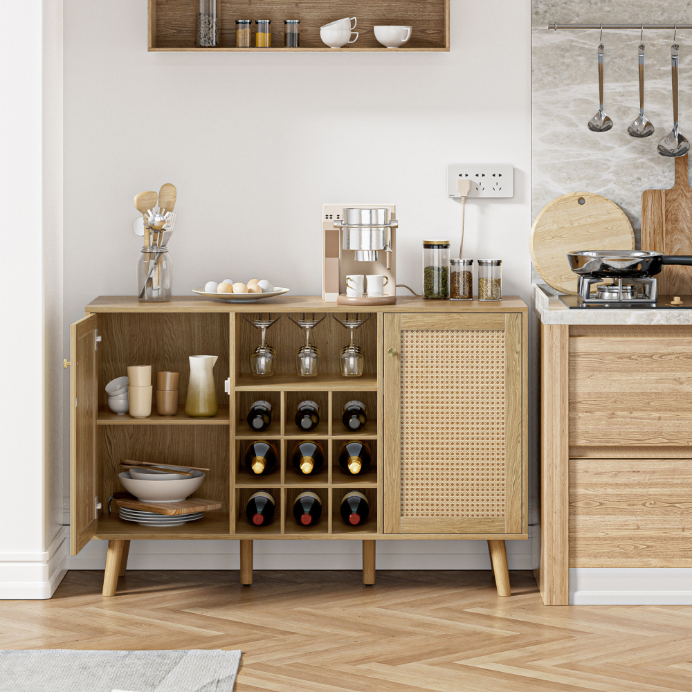 Rattan Wine Bar Cabinet 2-Door Farmhouse Liquor Cabinet with Wine Rack and Glass Holder, Rustic Sideboard Buffet Storage