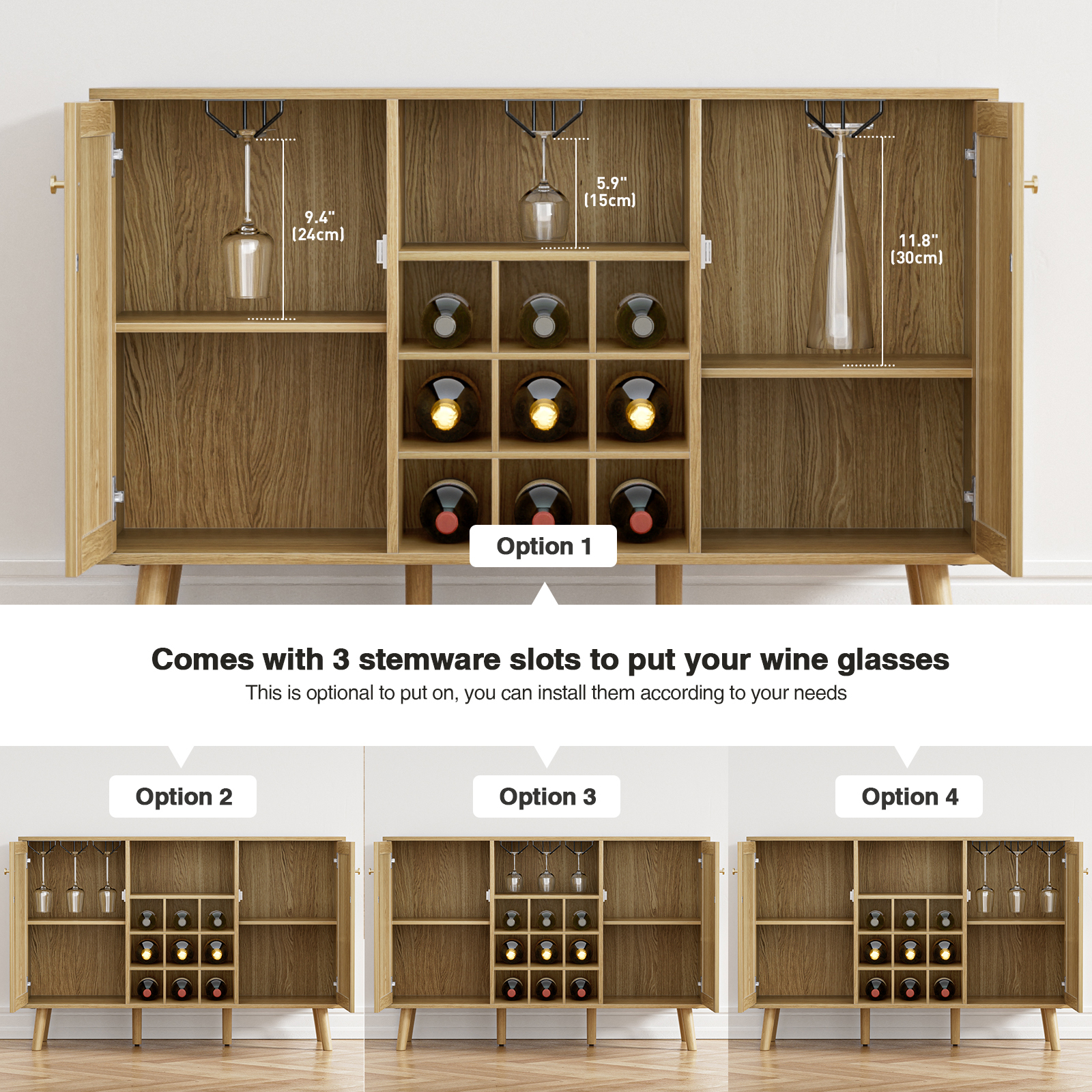 Rattan Wine Bar Cabinet 2-Door Farmhouse Liquor Cabinet with Wine Rack and Glass Holder, Rustic Sideboard Buffet Storage