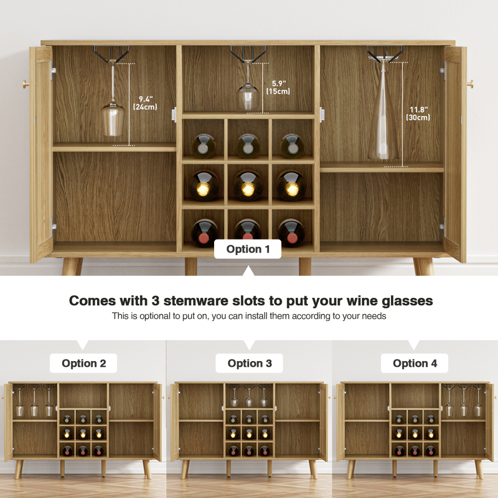 Rattan Wine Bar Cabinet 2-Door Farmhouse Liquor Cabinet with Wine Rack and Glass Holder, Rustic Sideboard Buffet Storage
