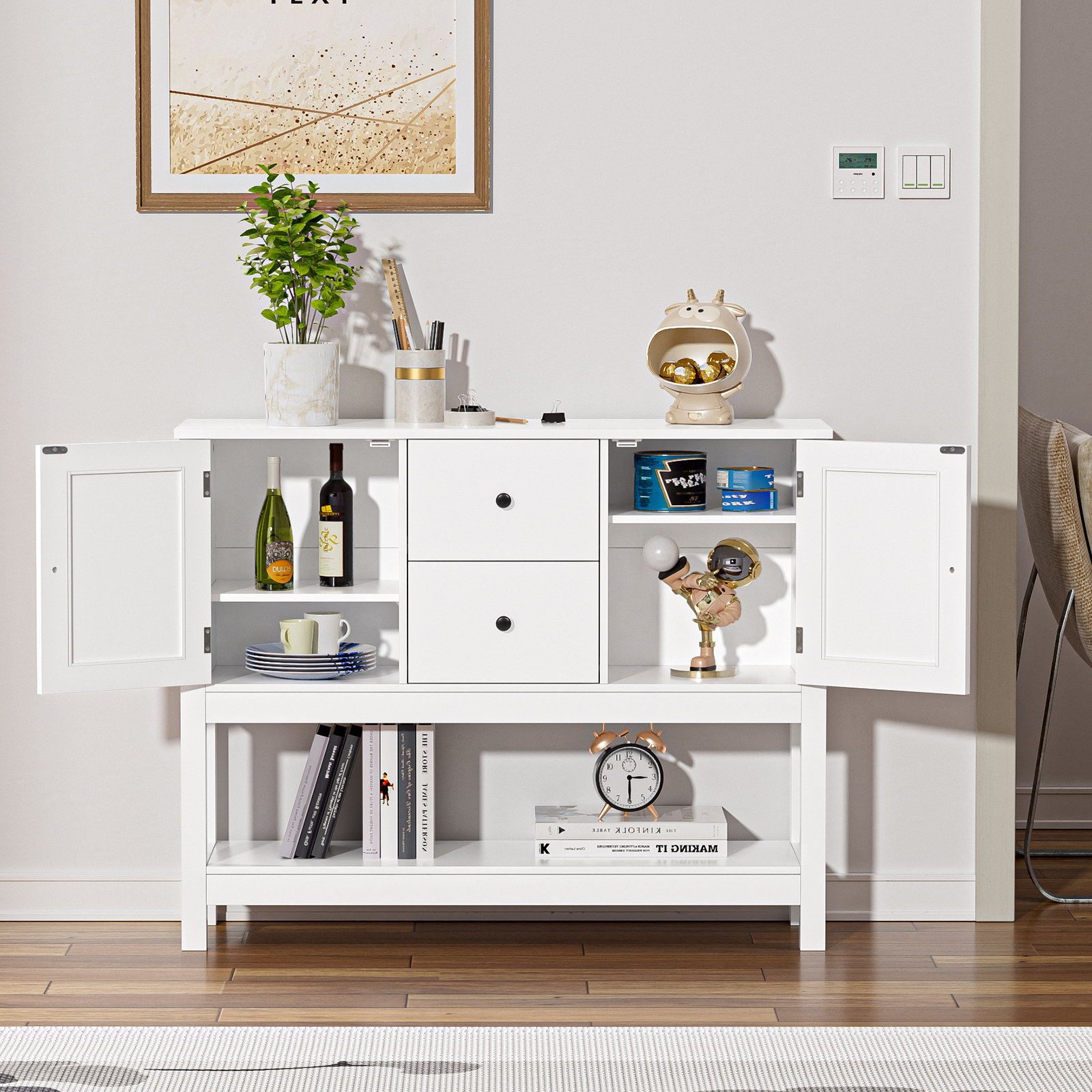 Rattan Console Table with Drawers, Entryway Table with Open Storage Shelf Long Sofa Table