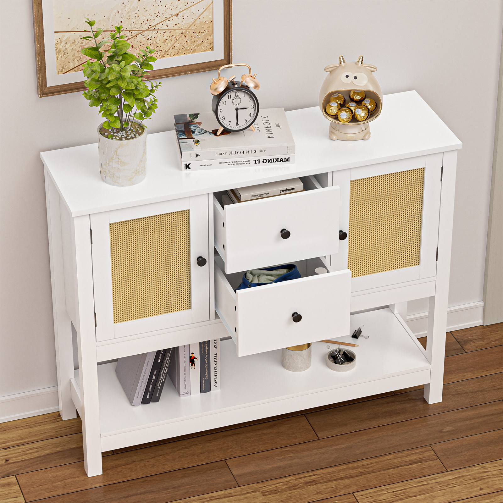 Rattan Console Table with Drawers, Entryway Table with Open Storage Shelf Long Sofa Table