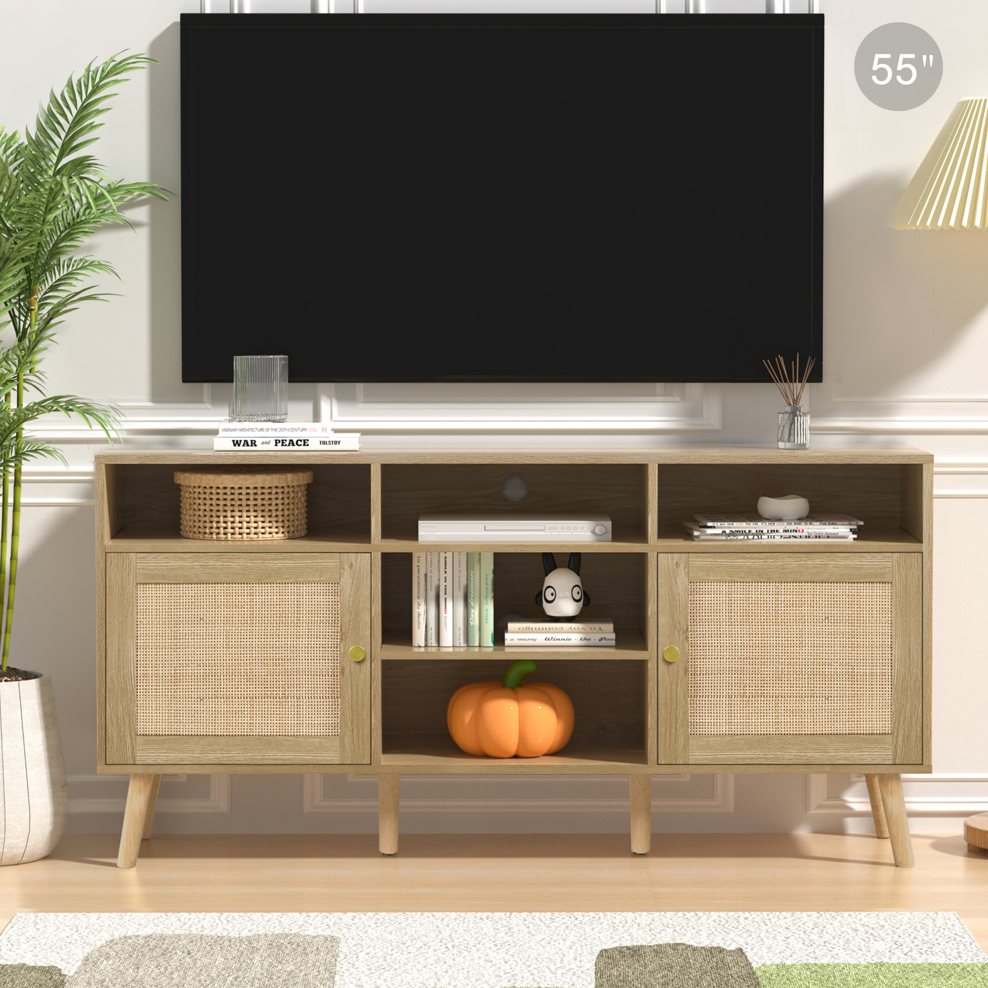 Anmytek Rattan TV Stand for TV up to 65 inch, TV Console Entertainment Center Media Cabinet