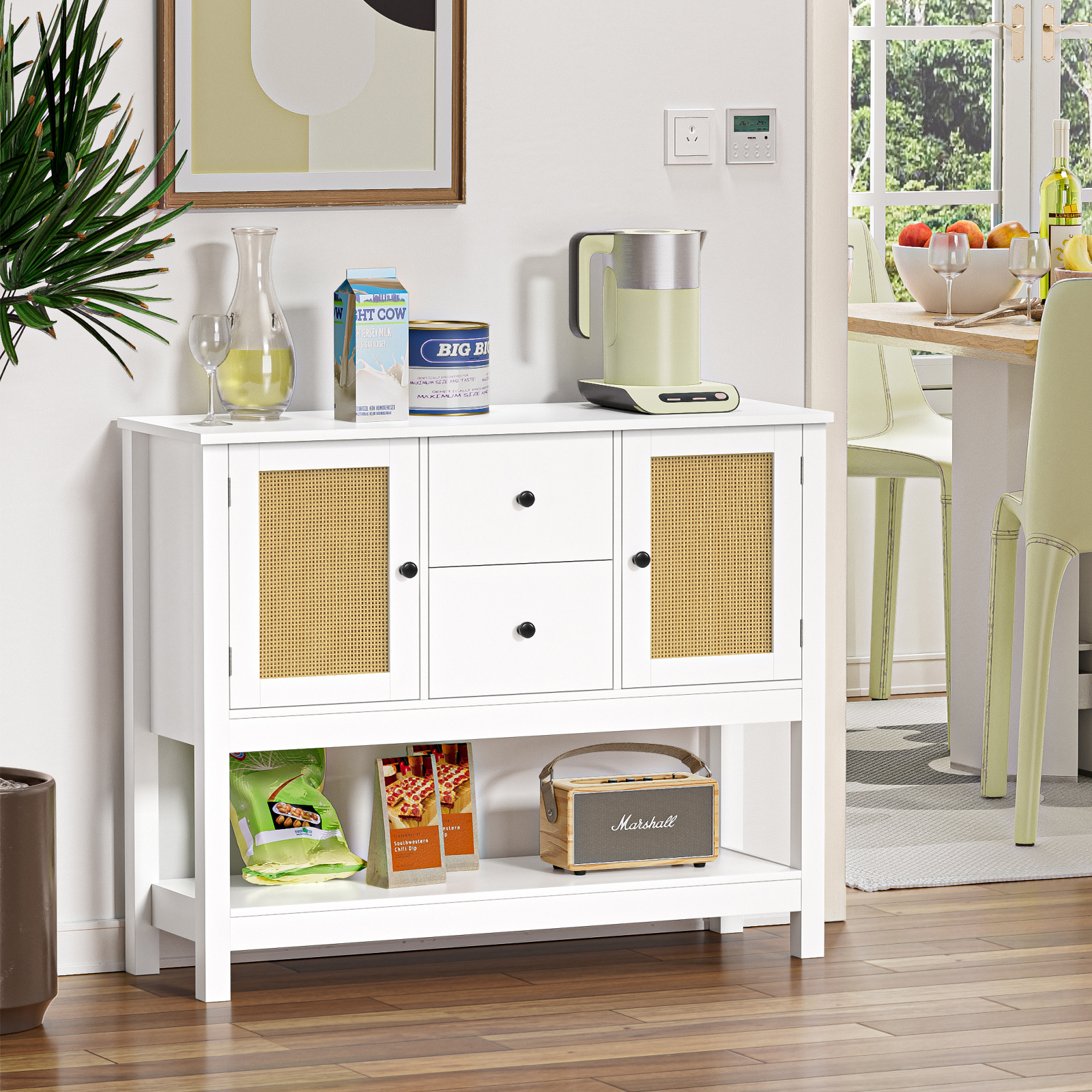 Rattan Console Table with Drawers, Entryway Table with Open Storage Shelf Long Sofa Table