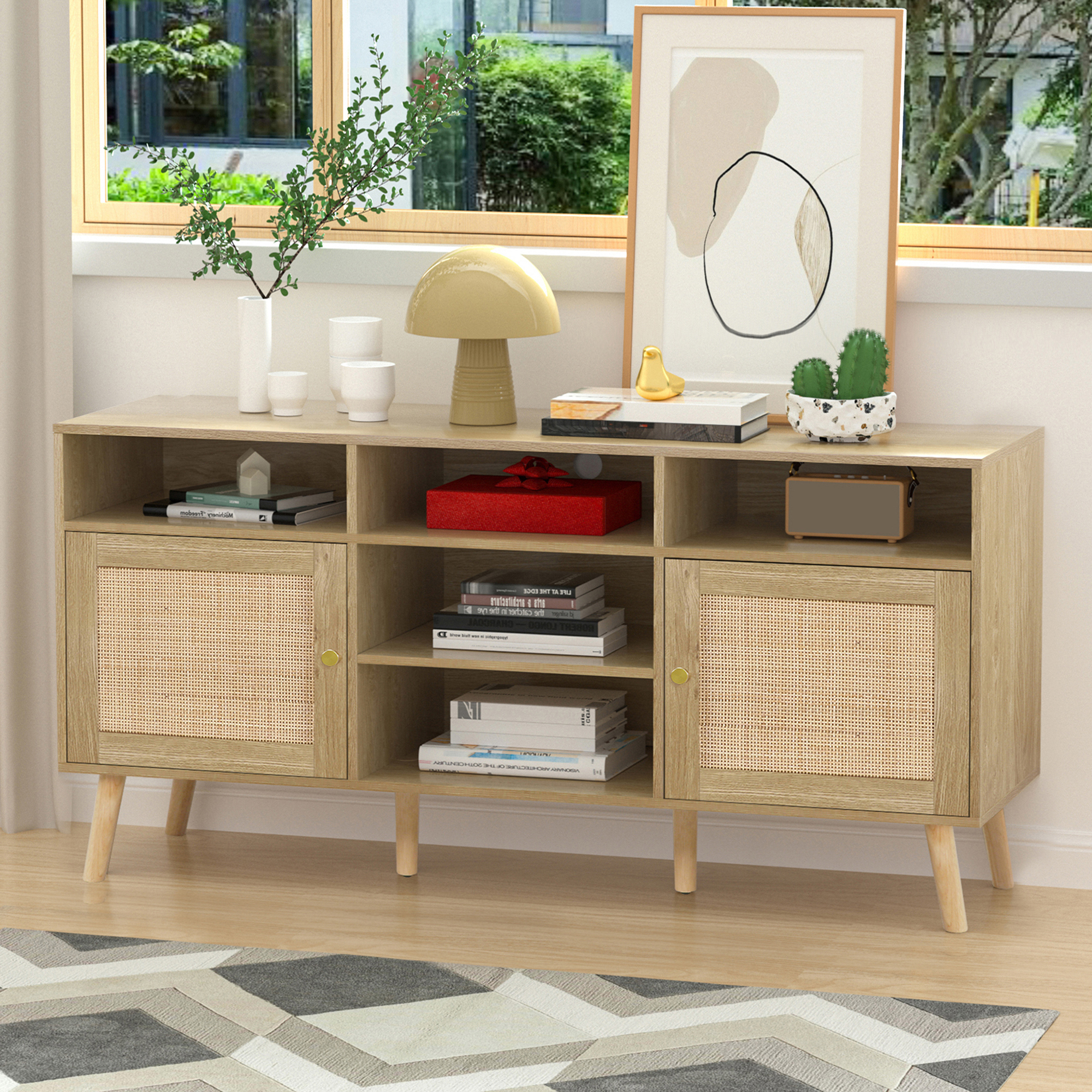 Anmytek Rattan TV Stand for TV up to 65 inch, TV Console Entertainment Center Media Cabinet