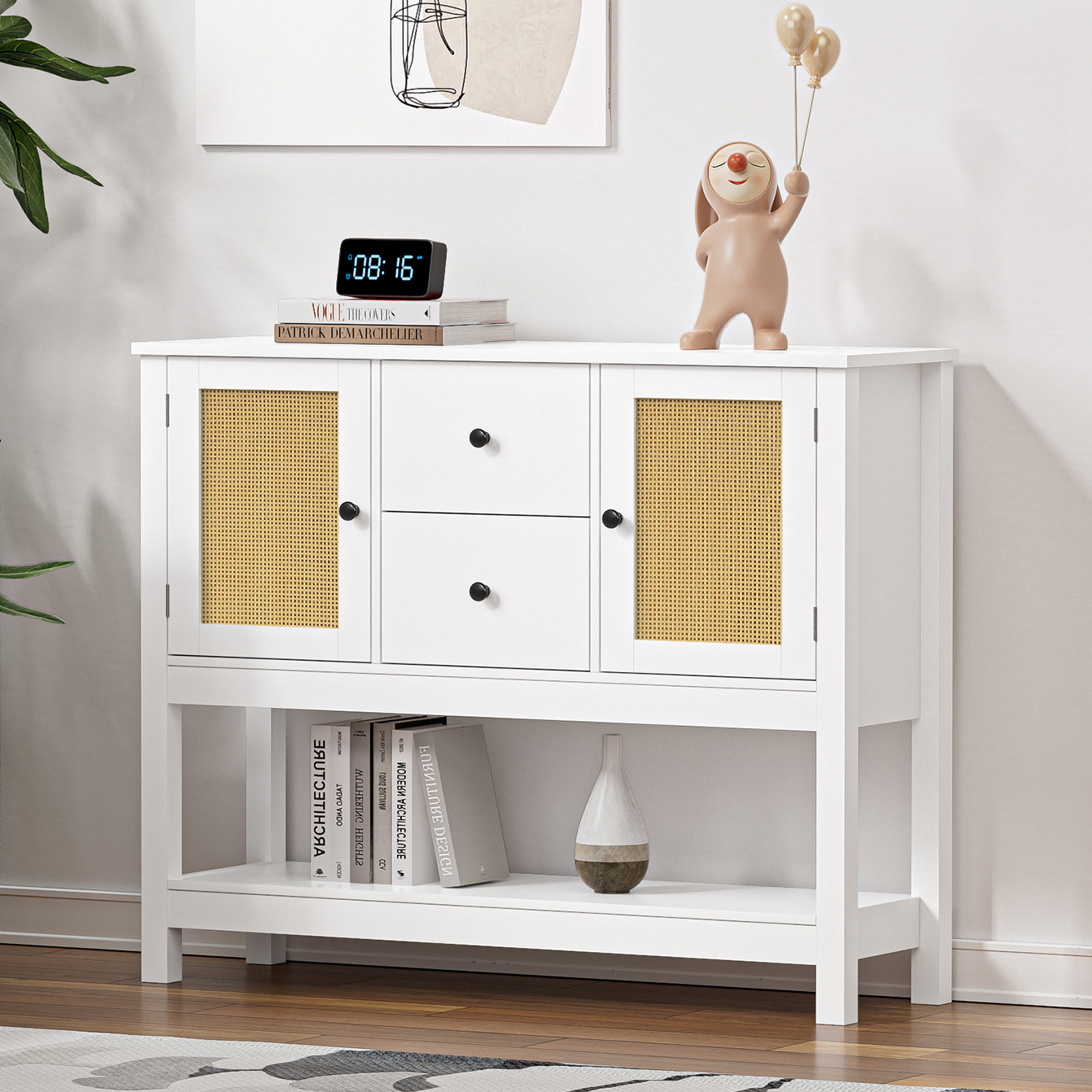 Rattan Console Table with Drawers, Entryway Table with Open Storage Shelf Long Sofa Table