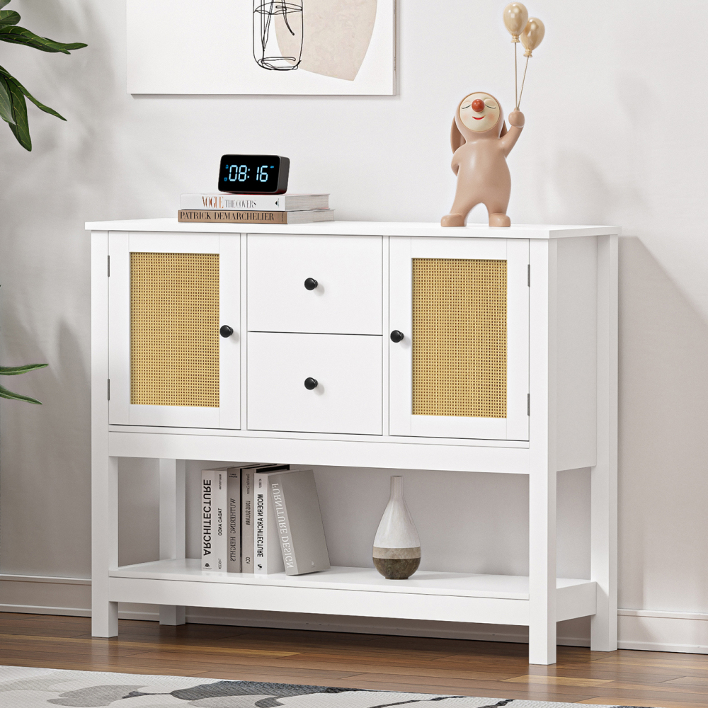 Rattan Console Table with Drawers, Entryway Table with Open Storage Shelf Long Sofa Table