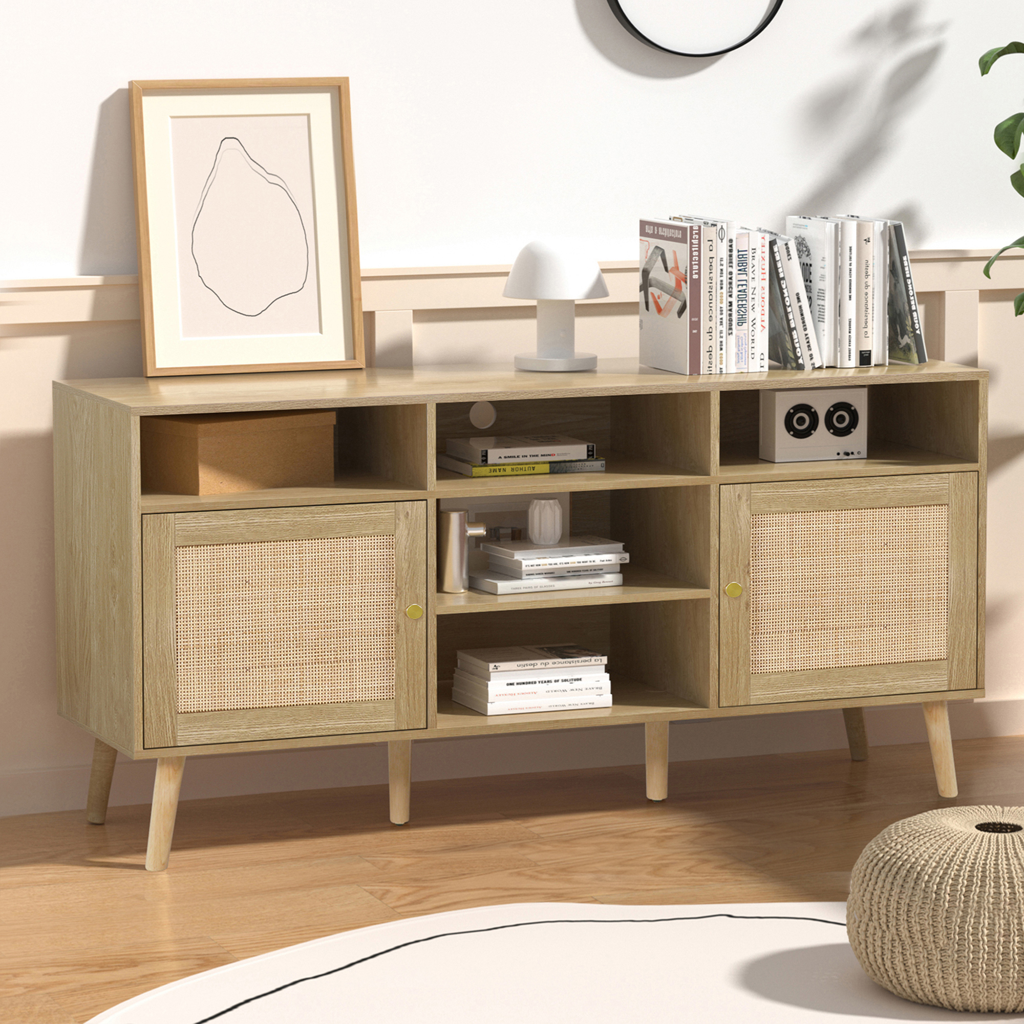 Anmytek Rattan TV Stand for TV up to 65 inch, TV Console Entertainment Center Media Cabinet