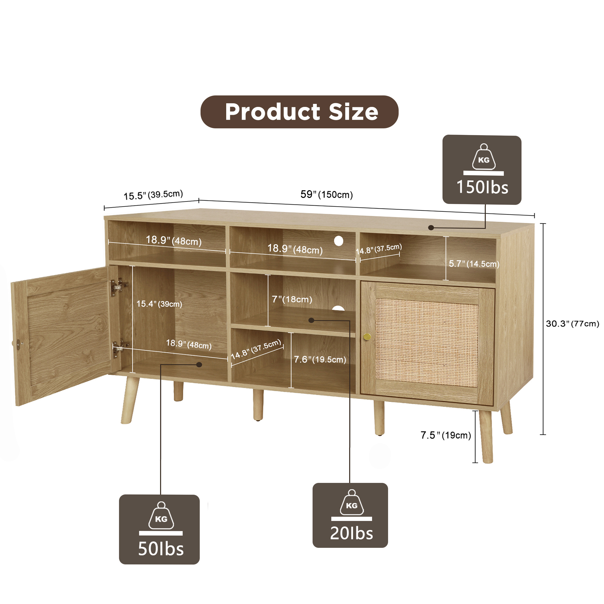 Anmytek Rattan TV Stand for TV up to 65 inch, TV Console Entertainment Center Media Cabinet