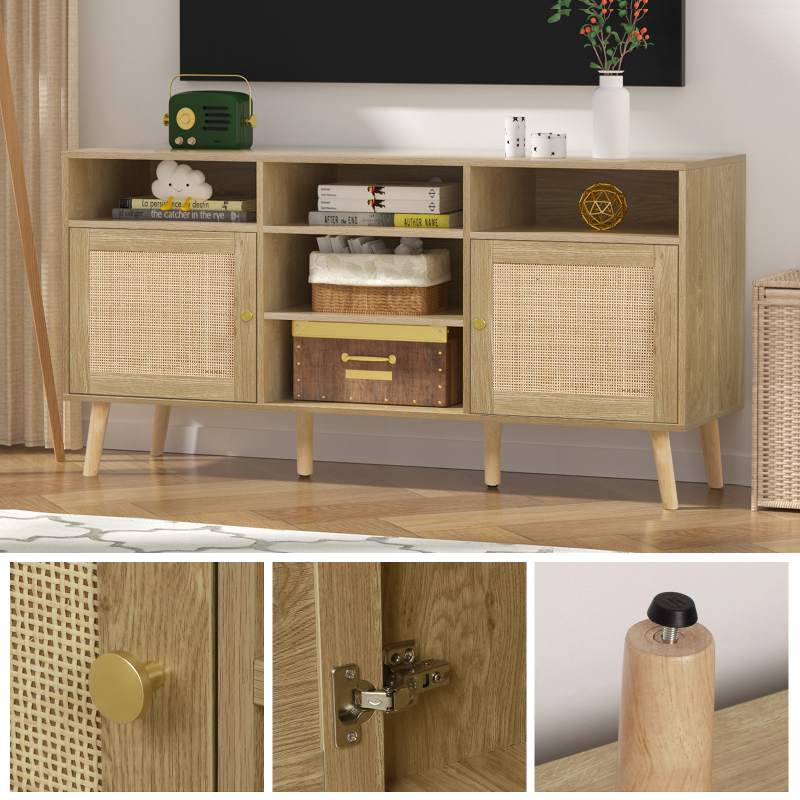 Anmytek Rattan TV Stand for TV up to 65 inch, TV Console Entertainment Center Media Cabinet