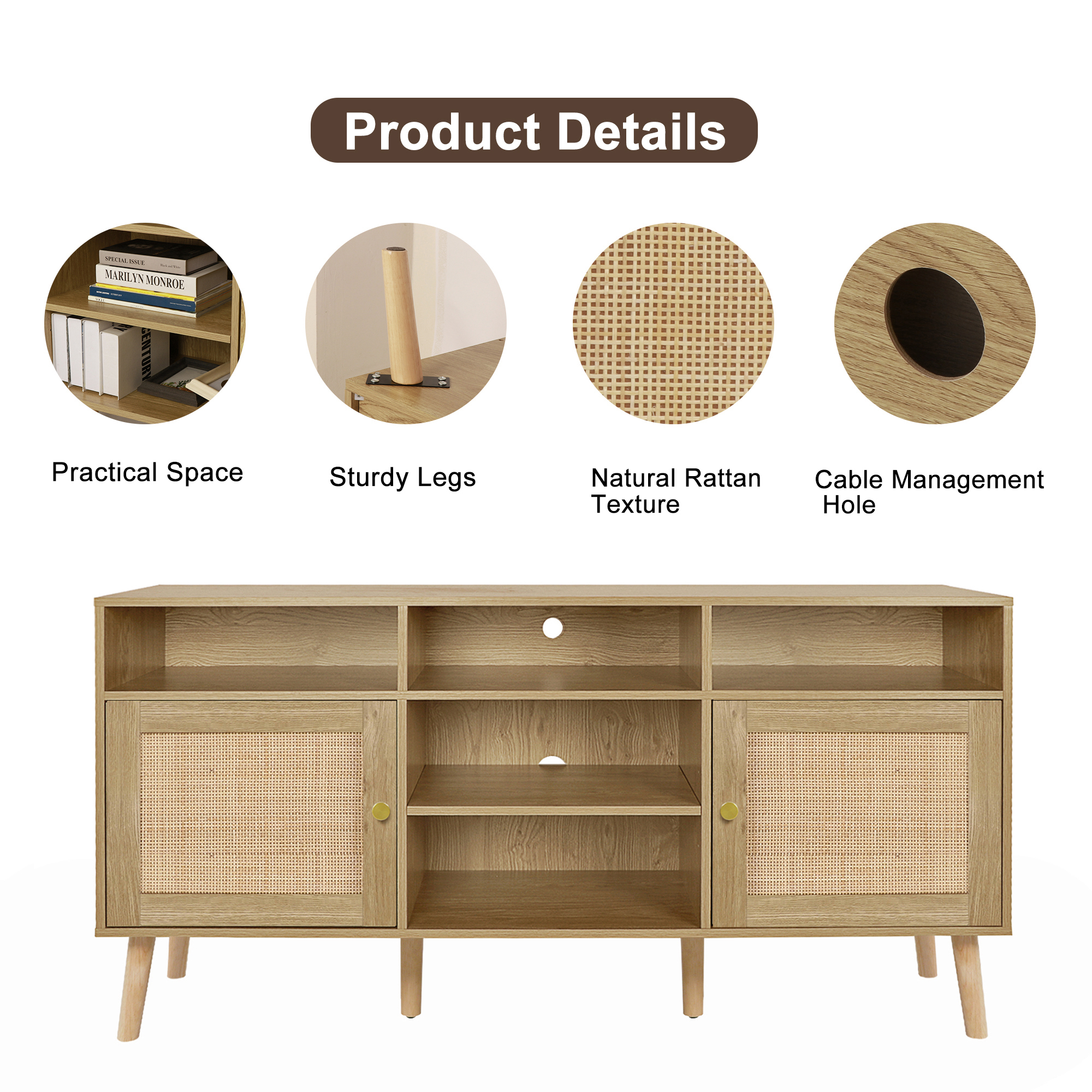 Anmytek Rattan TV Stand for TV up to 65 inch, TV Console Entertainment Center Media Cabinet