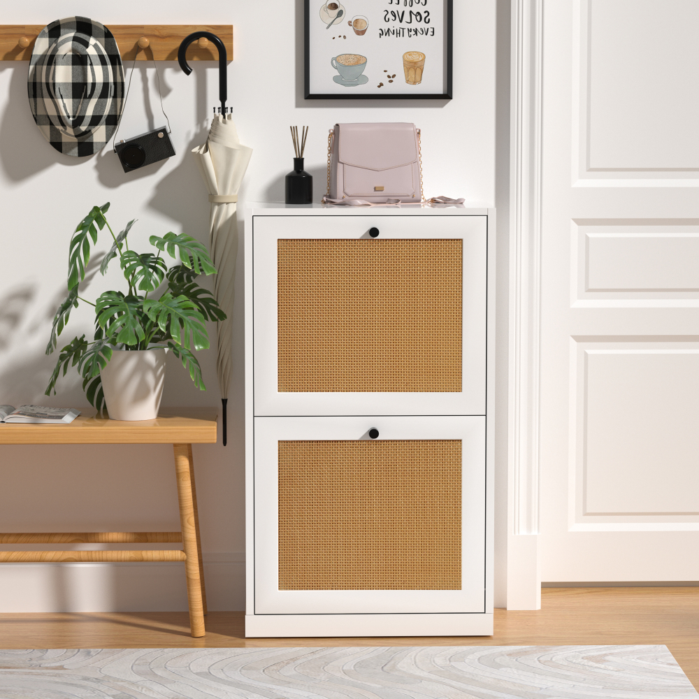 Rattan Shoe Cabinet, Entryway Cabinet Wooden Shoe Rack with 2 Flip Drawers, 2-Tier Shoe Storage Cabinet