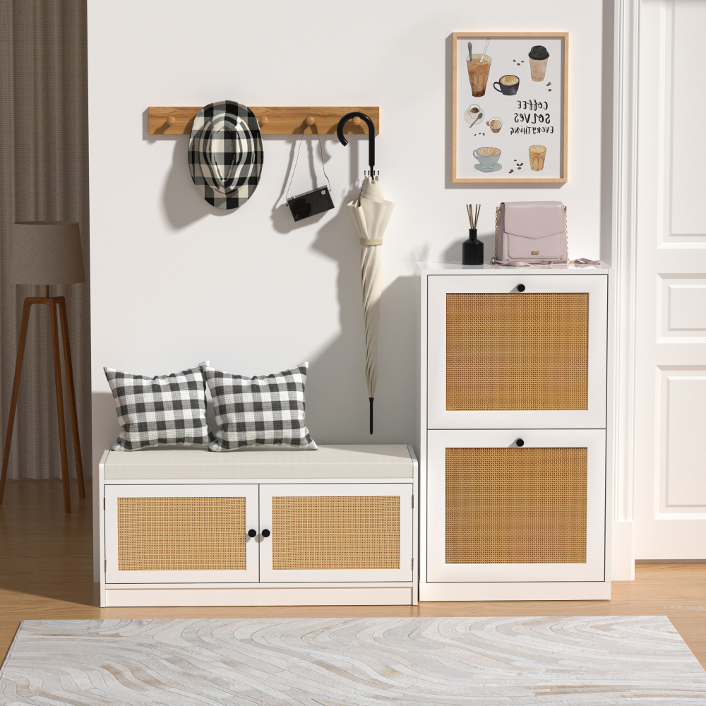 Rattan Shoe Cabinet, Entryway Cabinet Wooden Shoe Rack with 2 Flip Drawers, 2-Tier Shoe Storage Cabinet