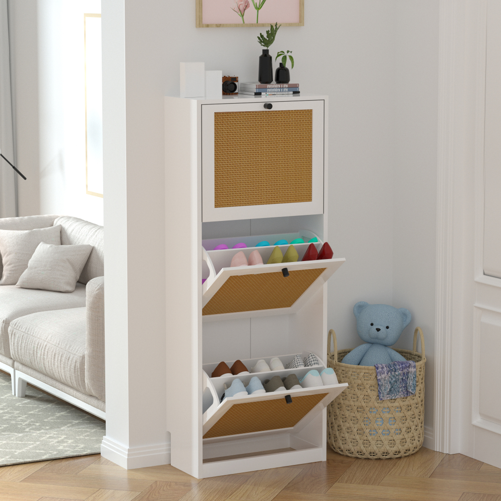 Rattan Shoe Cabinet, Entryway Cabinet Wooden Shoe Rack with 3 Flip Drawers, 3-Tier Shoe Storage Cabinet