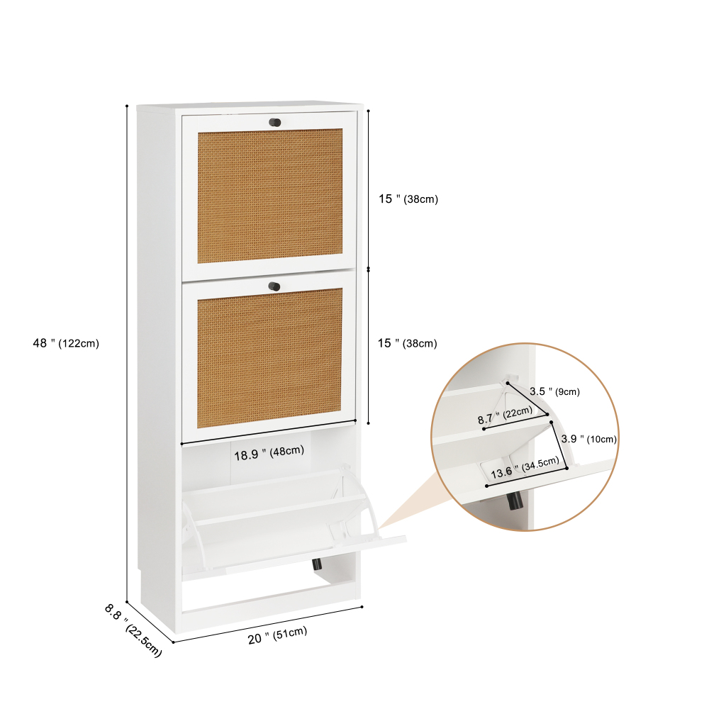 Rattan Shoe Cabinet, Entryway Cabinet Wooden Shoe Rack with 3 Flip Drawers, 3-Tier Shoe Storage Cabinet