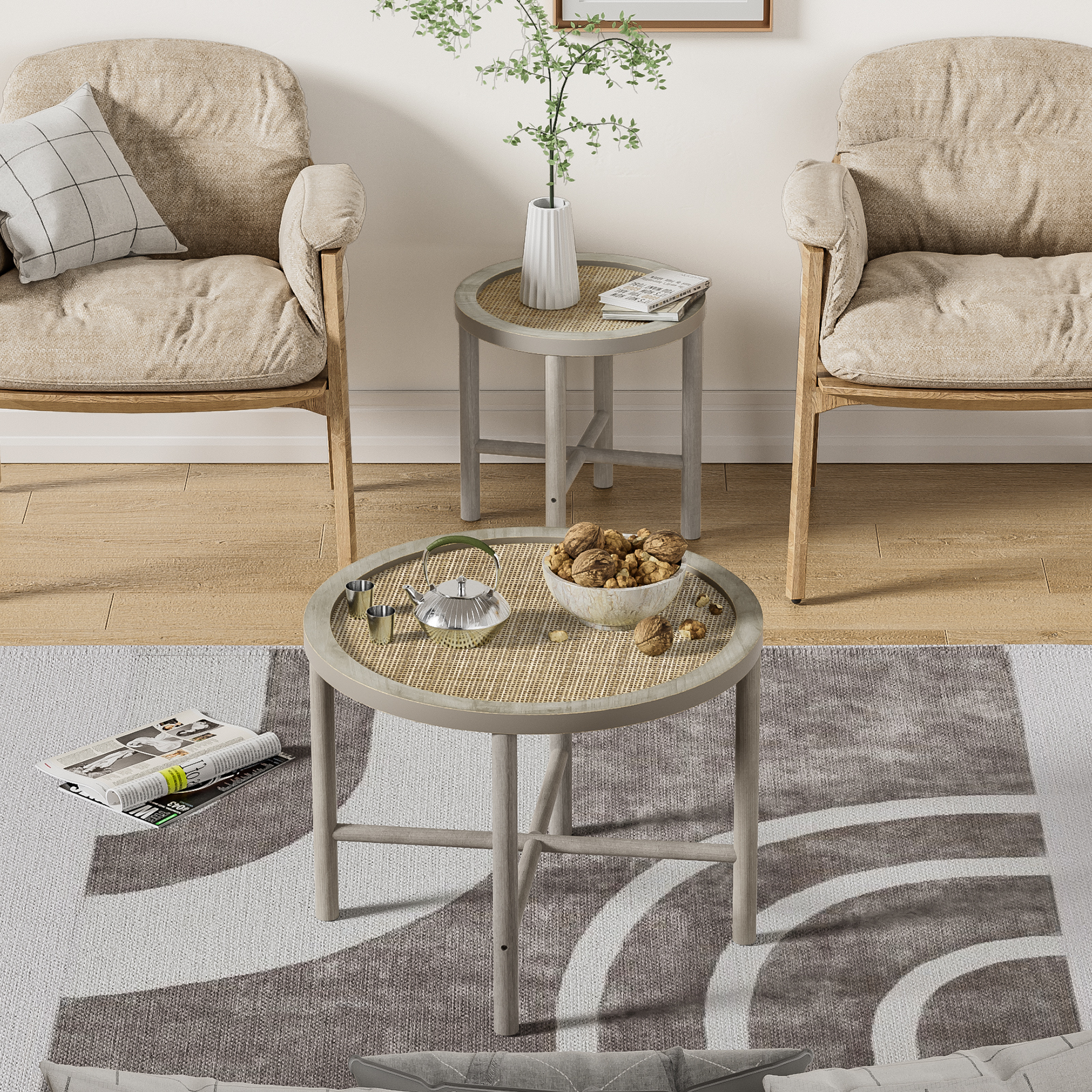 Rattan Nesting Coffee Table Set of 2, Boho Farmhouse Round End Table Rustic Side Table