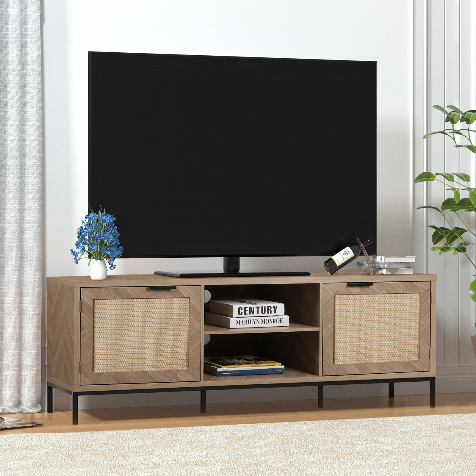 Farmhouse Rattan TV Stand for 65 Inch TV, Modern Entertainment Center, Rustic TV Console Table
