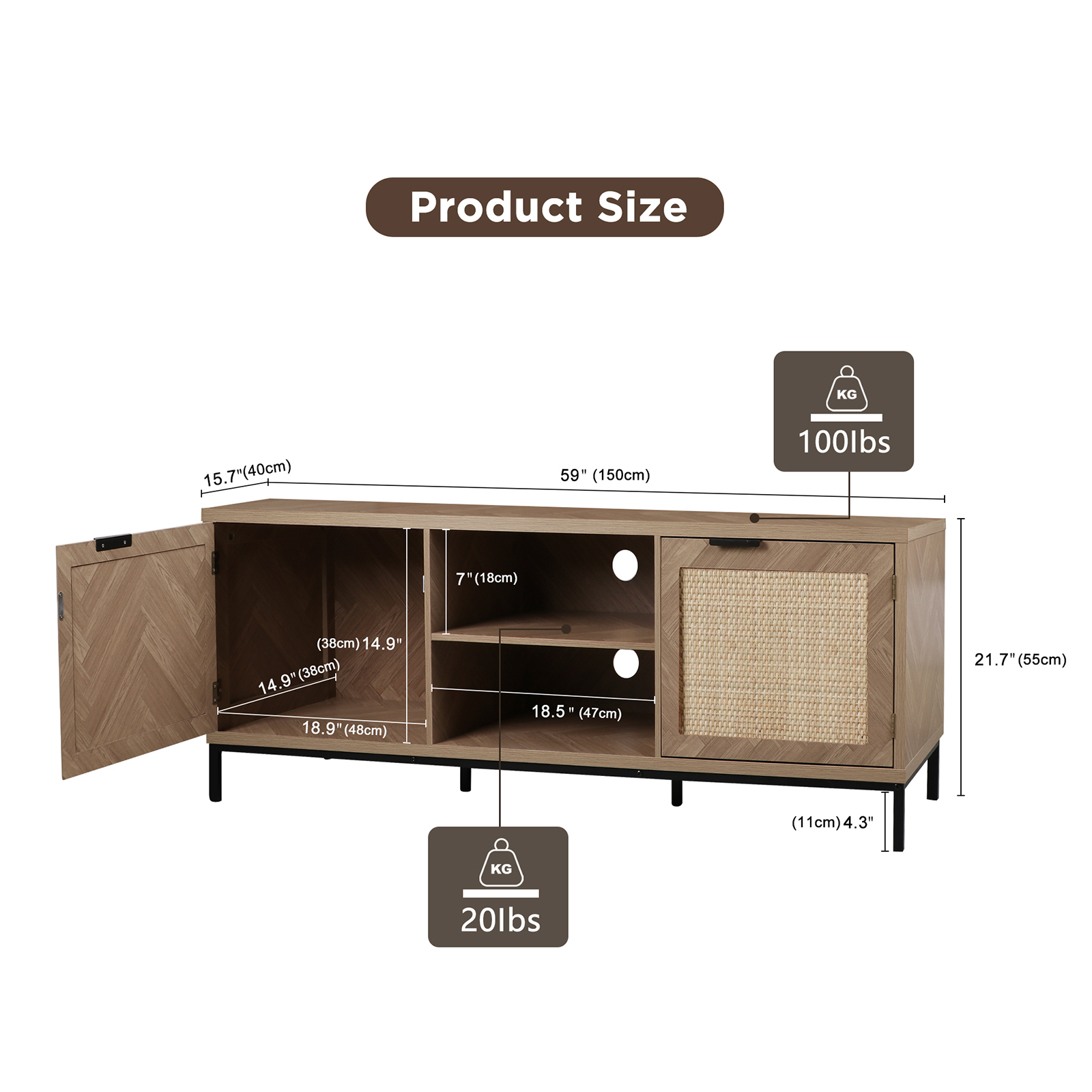 Farmhouse Rattan TV Stand for 65 Inch TV, Modern Entertainment Center, Rustic TV Console Table