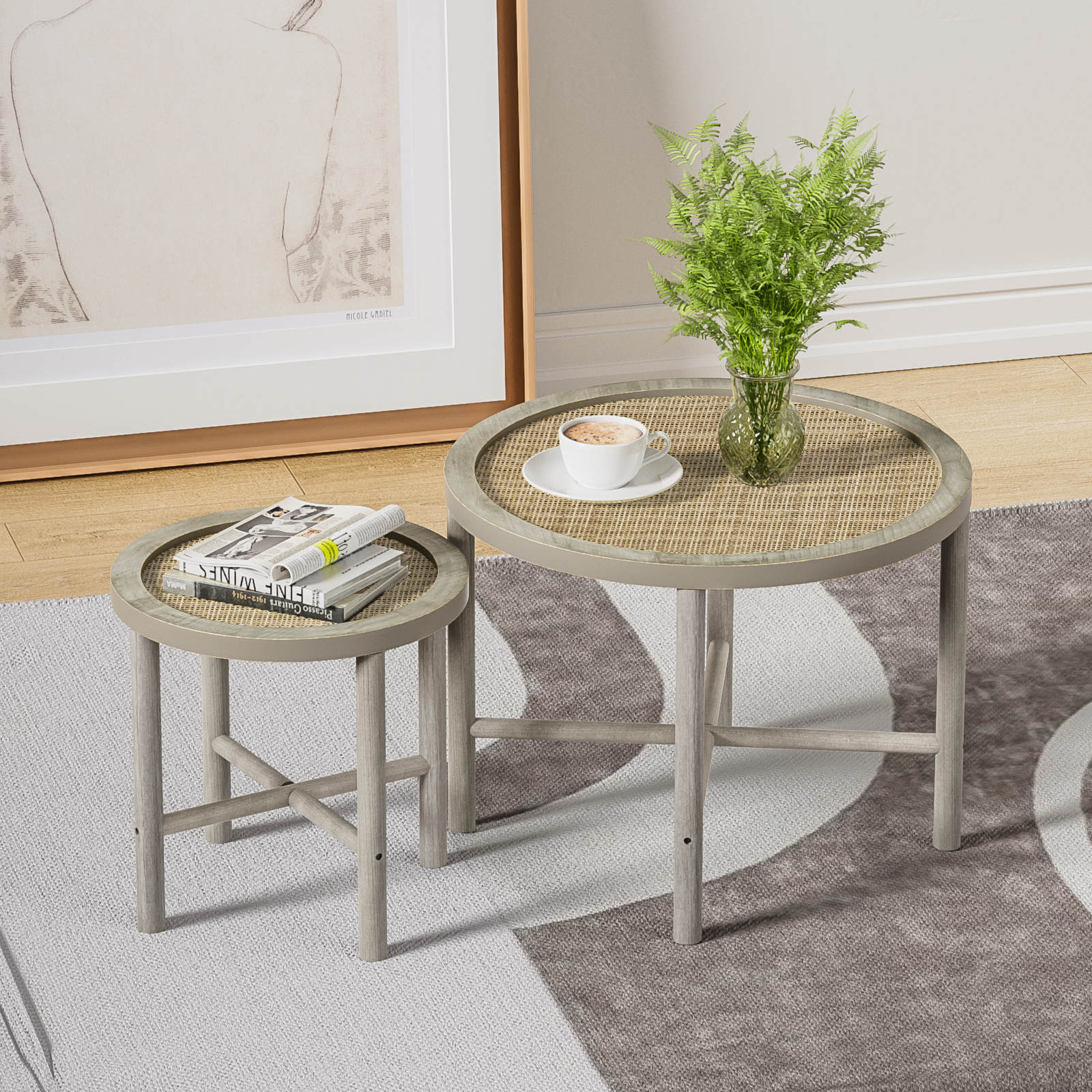 Rattan Nesting Coffee Table Set of 2, Boho Farmhouse Round End Table Rustic Side Table