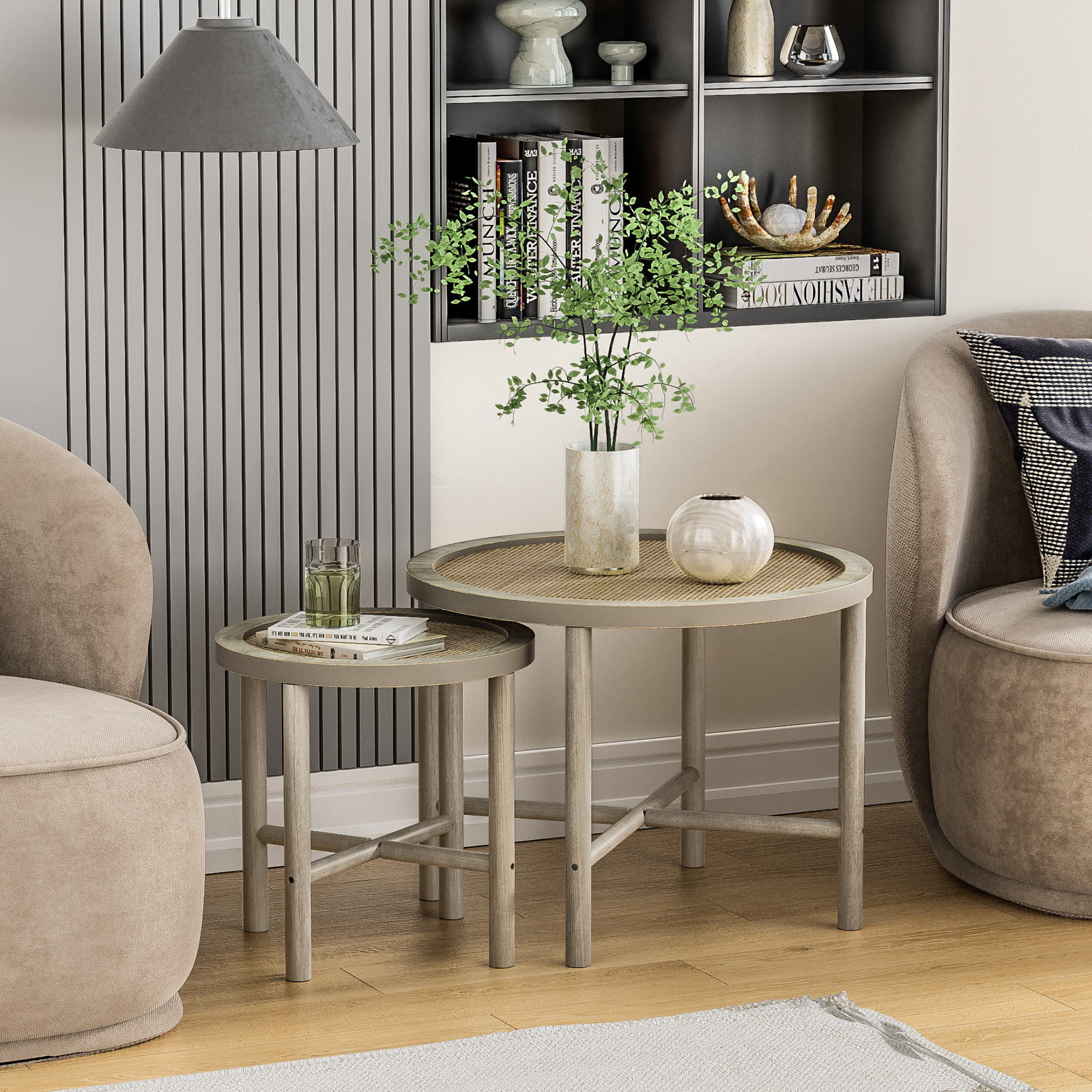 Rattan Nesting Coffee Table Set of 2, Boho Farmhouse Round End Table Rustic Side Table