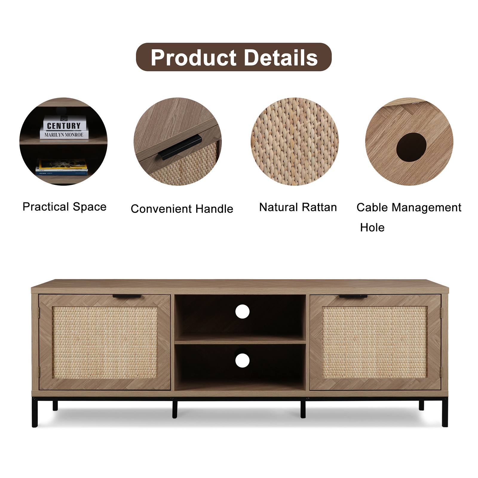 Farmhouse Rattan TV Stand for 65 Inch TV, Modern Entertainment Center, Rustic TV Console Table