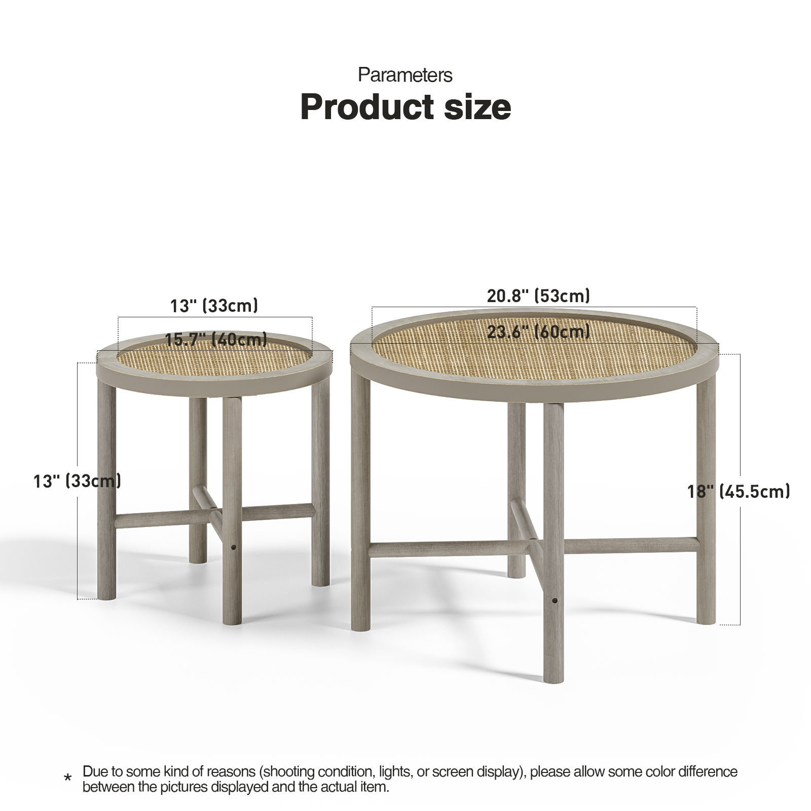Rattan Nesting Coffee Table Set of 2, Boho Farmhouse Round End Table Rustic Side Table