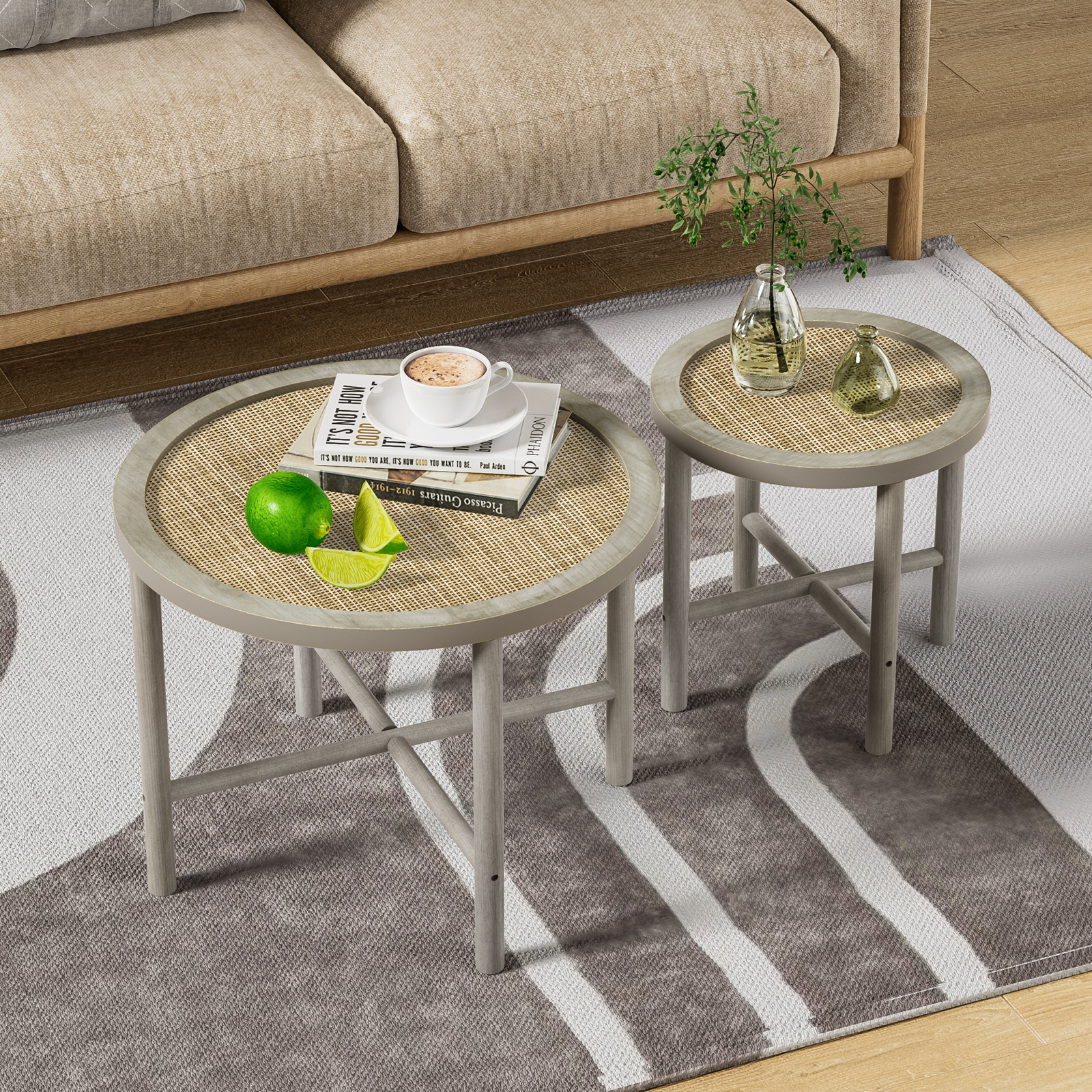 Anmytek Rattan Nesting Coffee Table - Thumbnail 5