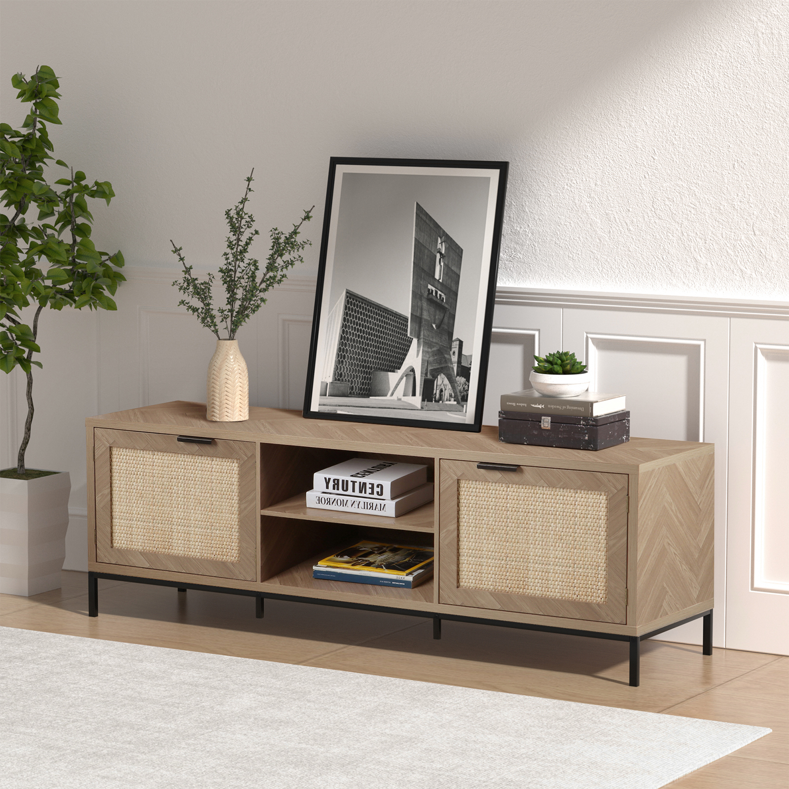 Farmhouse Rattan TV Stand for 65 Inch TV, Modern Entertainment Center, Rustic TV Console Table