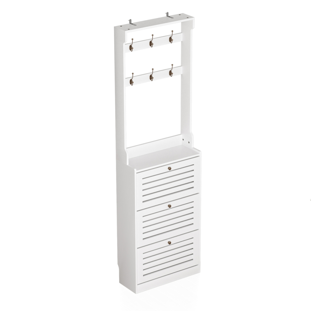 Shoe Cabinet with Coat Rack for Entryway, 3 Narrow Slim Wood Shoe Storage Cabinet, Large Shoe Rack Organizer Cabinet