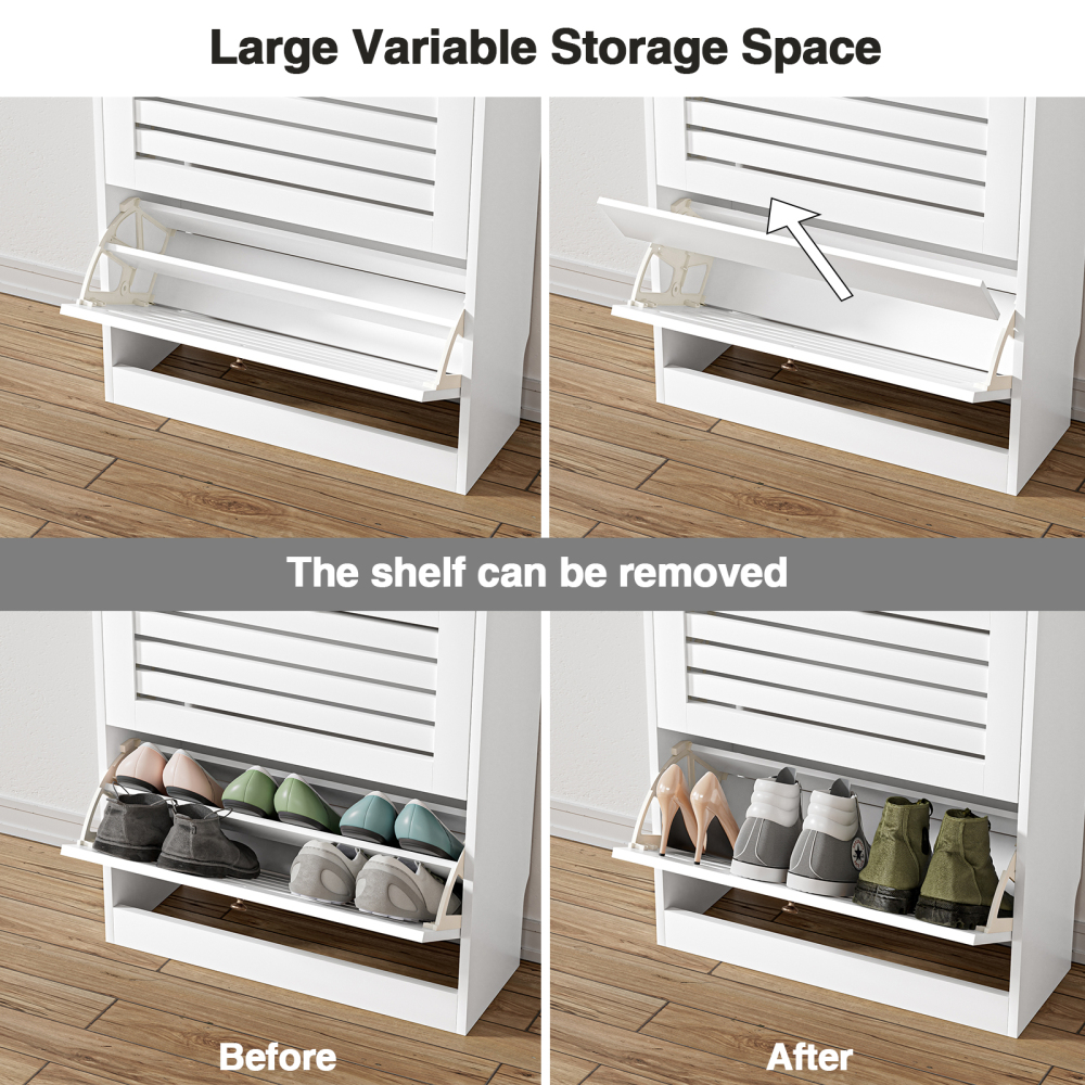 Shoe Cabinet with Coat Rack for Entryway, 3 Narrow Slim Wood Shoe Storage Cabinet, Large Shoe Rack Organizer Cabinet