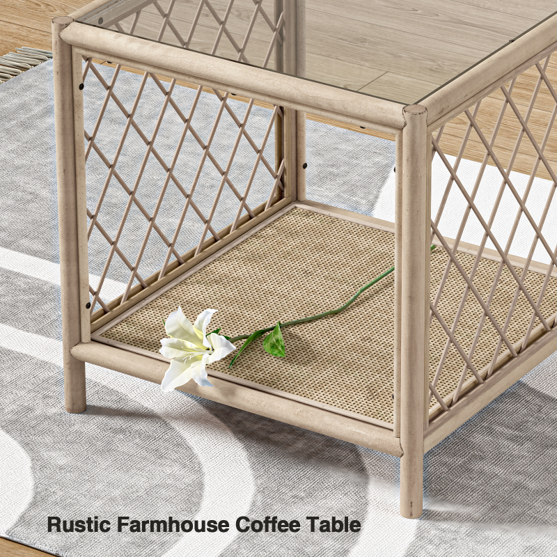 Coffee Table Set of 2, Farmhouse Rattan Side Table with Glass Top and Rattan Shelf, Boho Coffee Table Set Small End Table