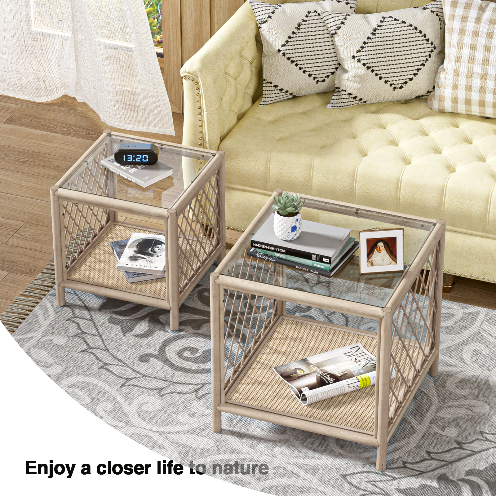 Coffee Table Set of 2, Farmhouse Rattan Side Table with Glass Top and Rattan Shelf, Boho Coffee Table Set Small End Table