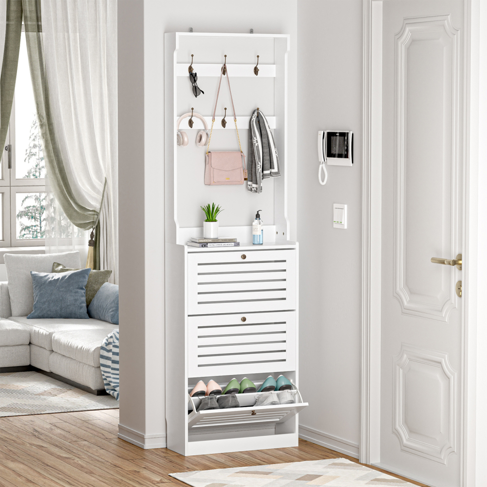 Shoe Cabinet with Coat Rack for Entryway, 3 Narrow Slim Wood Shoe Storage Cabinet, Large Shoe Rack Organizer Cabinet