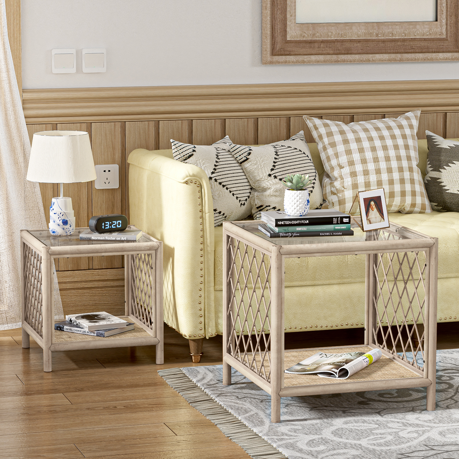 Coffee Table Set of 2, Farmhouse Rattan Side Table with Glass Top and Rattan Shelf, Boho Coffee Table Set Small End Table