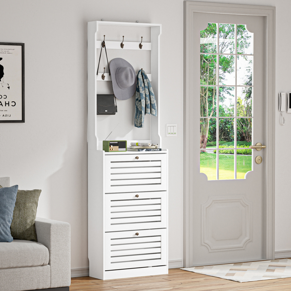 Shoe Cabinet with Coat Rack for Entryway, 3 Narrow Slim Wood Shoe Storage Cabinet, Large Shoe Rack Organizer Cabinet