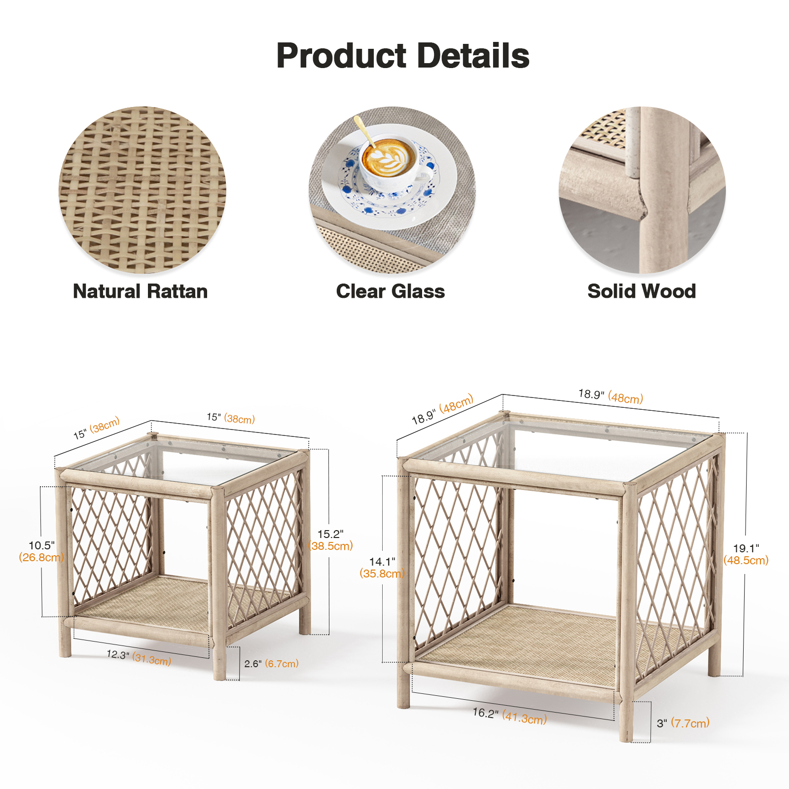 Coffee Table Set of 2, Farmhouse Rattan Side Table with Glass Top and Rattan Shelf, Boho Coffee Table Set Small End Table