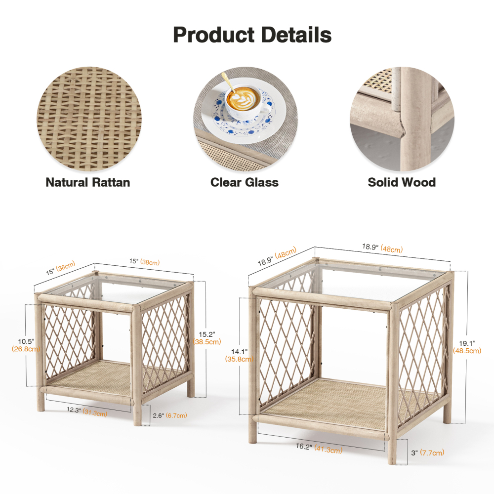 Coffee Table Set of 2, Farmhouse Rattan Side Table with Glass Top and Rattan Shelf, Boho Coffee Table Set Small End Table
