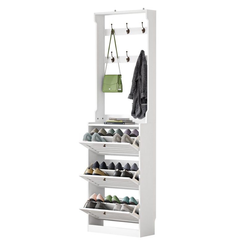 Shoe Cabinet with Coat Rack for Entryway, 3 Narrow Slim Wood Shoe Storage Cabinet, Large Shoe Rack Organizer Cabinet