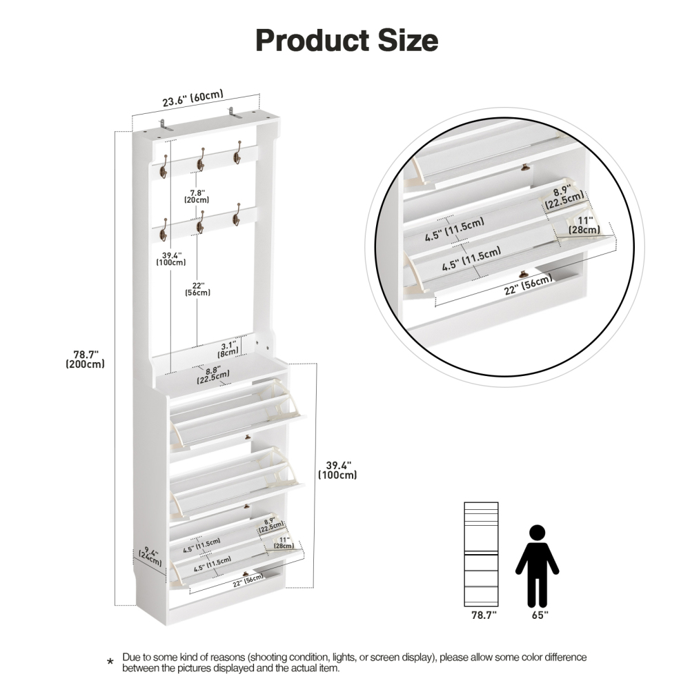 Shoe Cabinet with Coat Rack for Entryway, 3 Narrow Slim Wood Shoe Storage Cabinet, Large Shoe Rack Organizer Cabinet