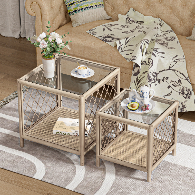 Coffee Table Set of 2, Farmhouse Rattan Side Table with Glass Top and Rattan Shelf, Boho Coffee Table Set Small End Table