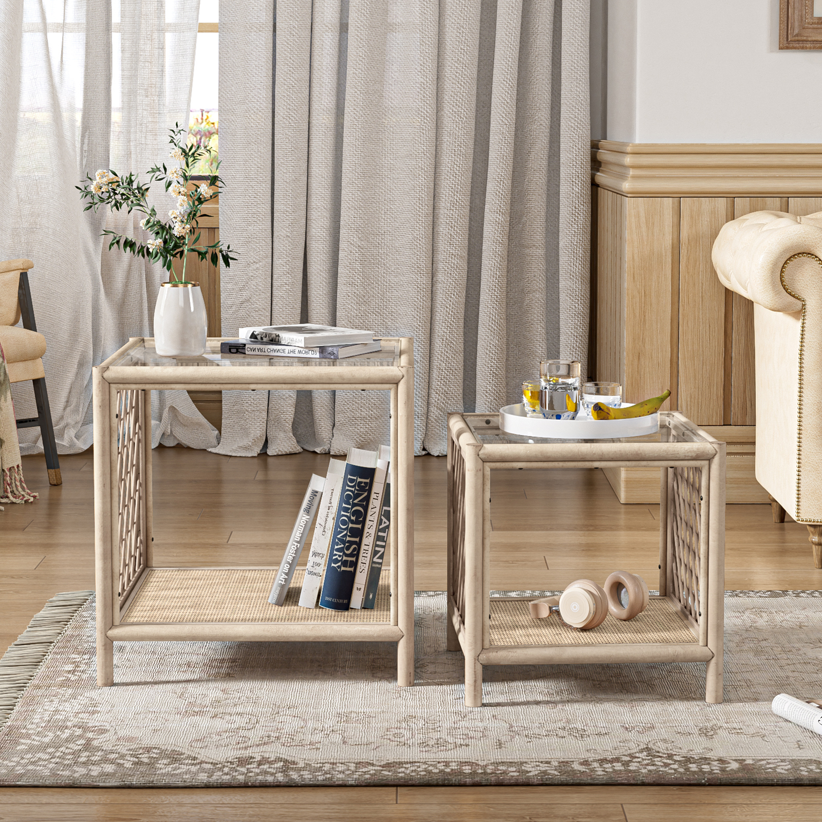 Coffee Table Set of 2, Farmhouse Rattan Side Table with Glass Top and Rattan Shelf, Boho Coffee Table Set Small End Table