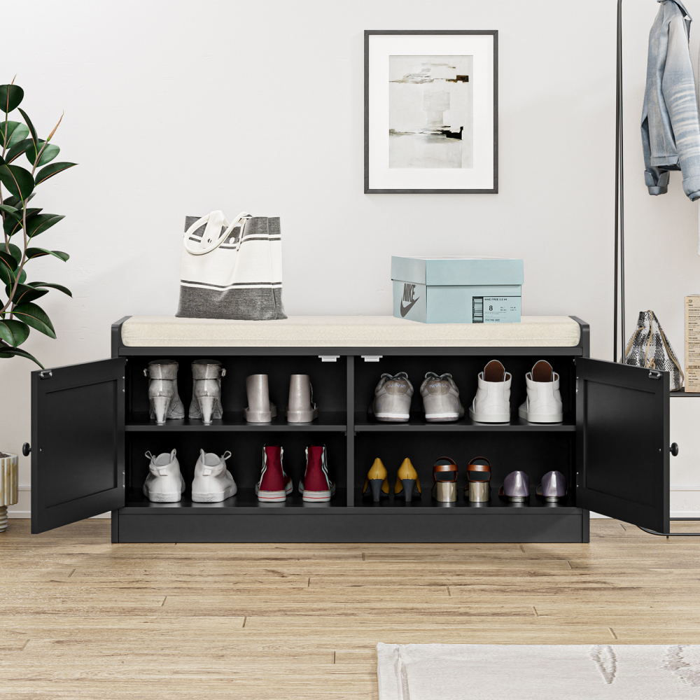 Rattan Shoe Bench, Entryway Bench with Shoe Storage Wooden Shoe Rack Bench with Cushion Seat & Adjustable Shelves, Storage Bench for Entryway