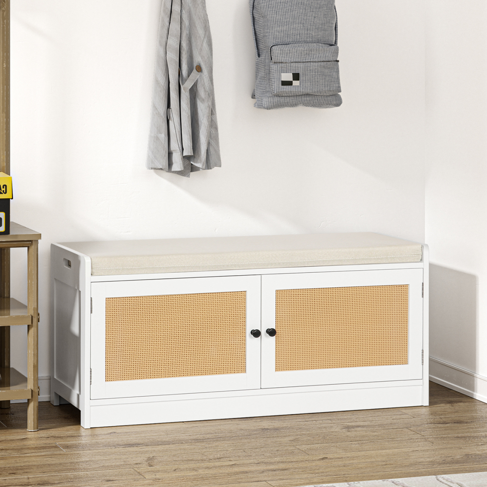 Shoe Bench with Storage, 2-tier Rattan Shoe Rack, Entryway Storage Bench with Padded Seat, Wooden Shoe Storage