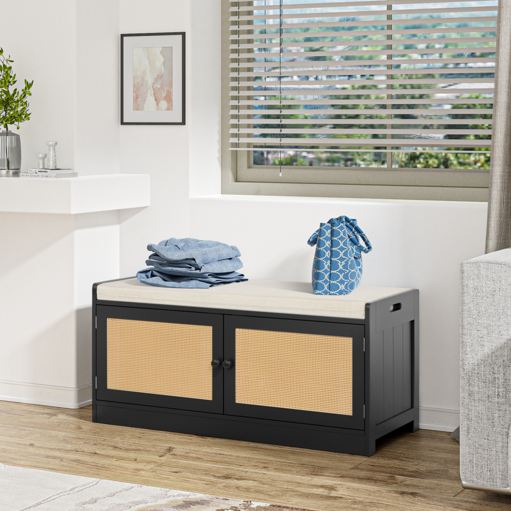 Rattan Shoe Bench, Entryway Bench with Shoe Storage Wooden Shoe Rack Bench with Cushion Seat & Adjustable Shelves, Storage Bench for Entryway