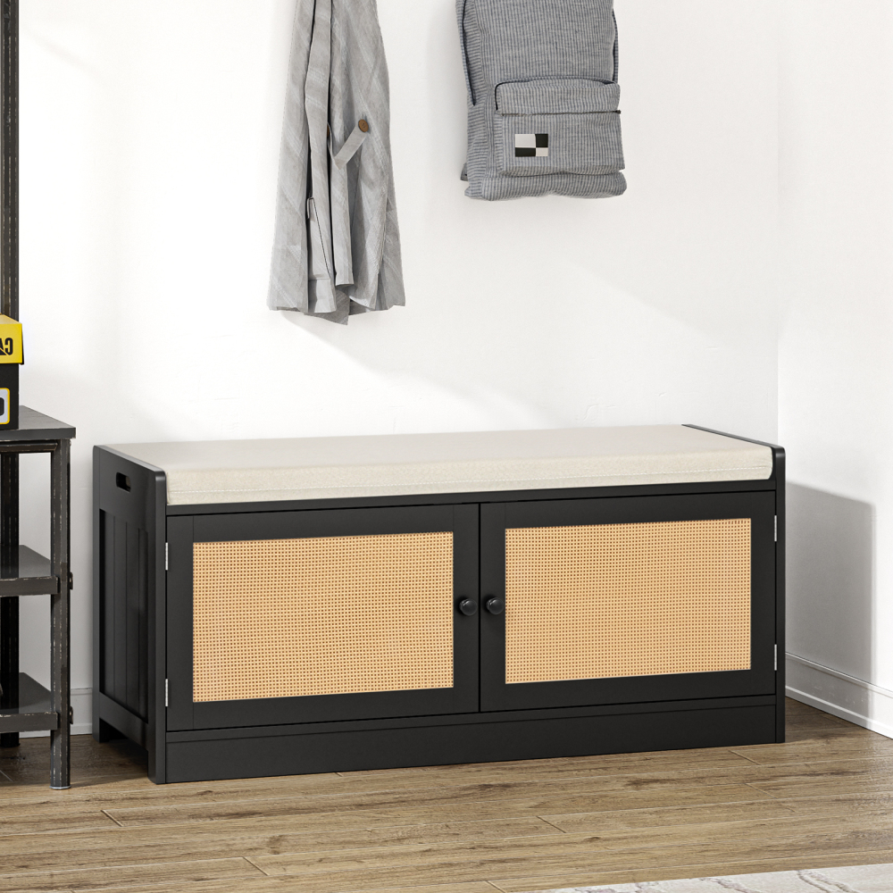 Rattan Shoe Bench, Entryway Bench with Shoe Storage Wooden Shoe Rack Bench with Cushion Seat & Adjustable Shelves, Storage Bench for Entryway