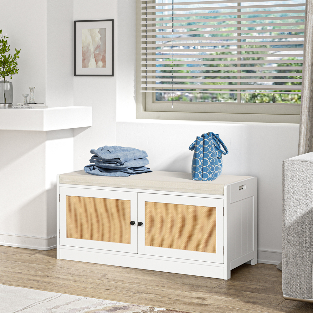 Shoe Bench with Storage, 2-tier Rattan Shoe Rack, Entryway Storage Bench with Padded Seat, Wooden Shoe Storage