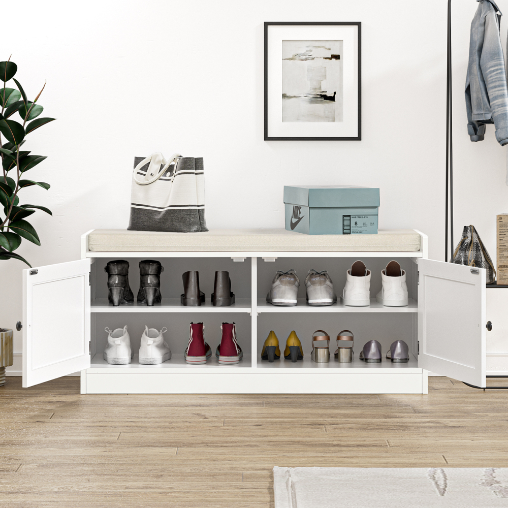 Rattan Shoe Bench, Entryway Bench with Shoe Storage Wooden Shoe Rack Bench with Cushion Seat & Adjustable Shelves, Storage Bench for Entryway