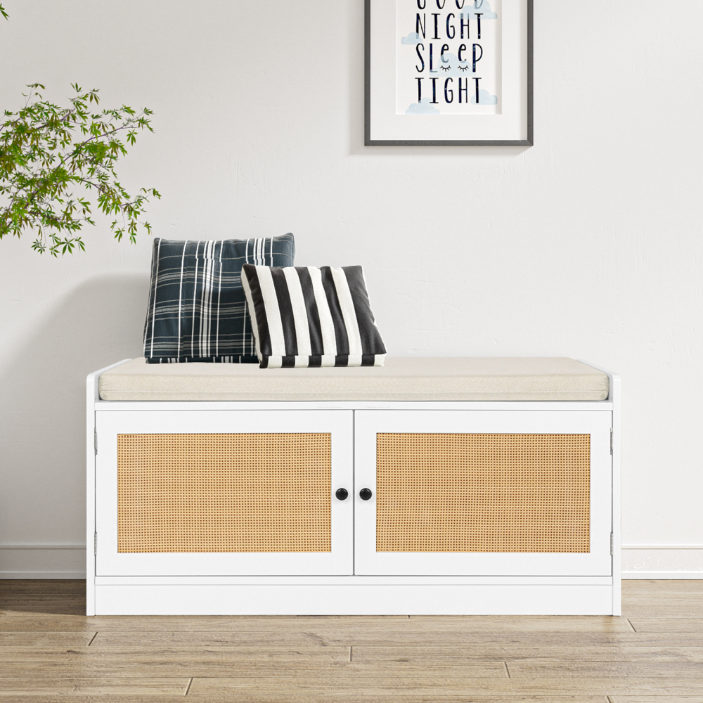 Rattan Shoe Bench, Entryway Bench with Shoe Storage Wooden Shoe Rack Bench with Cushion Seat & Adjustable Shelves, Storage Bench for Entryway