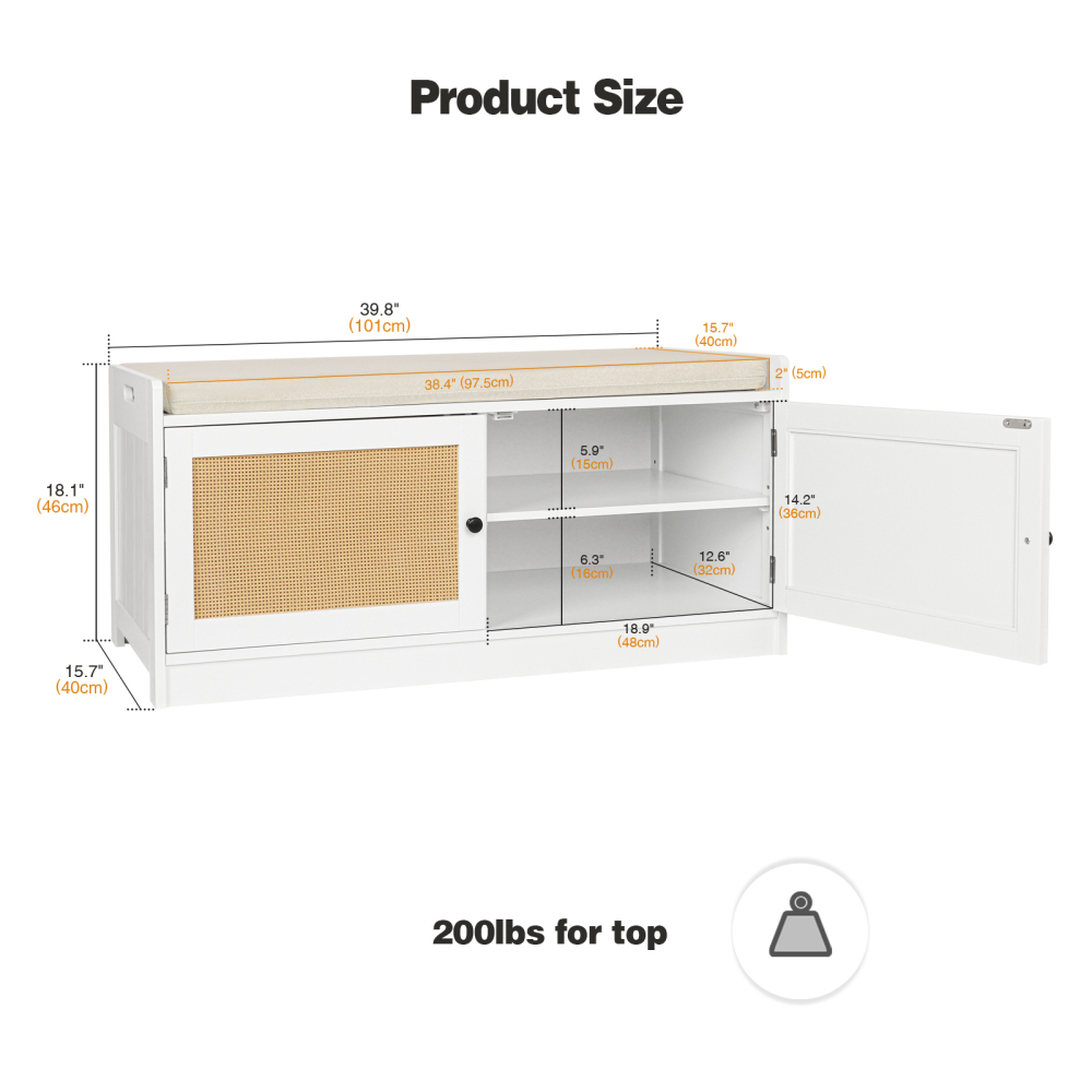 Shoe Bench with Storage, 2-tier Rattan Shoe Rack, Entryway Storage Bench with Padded Seat, Wooden Shoe Storage