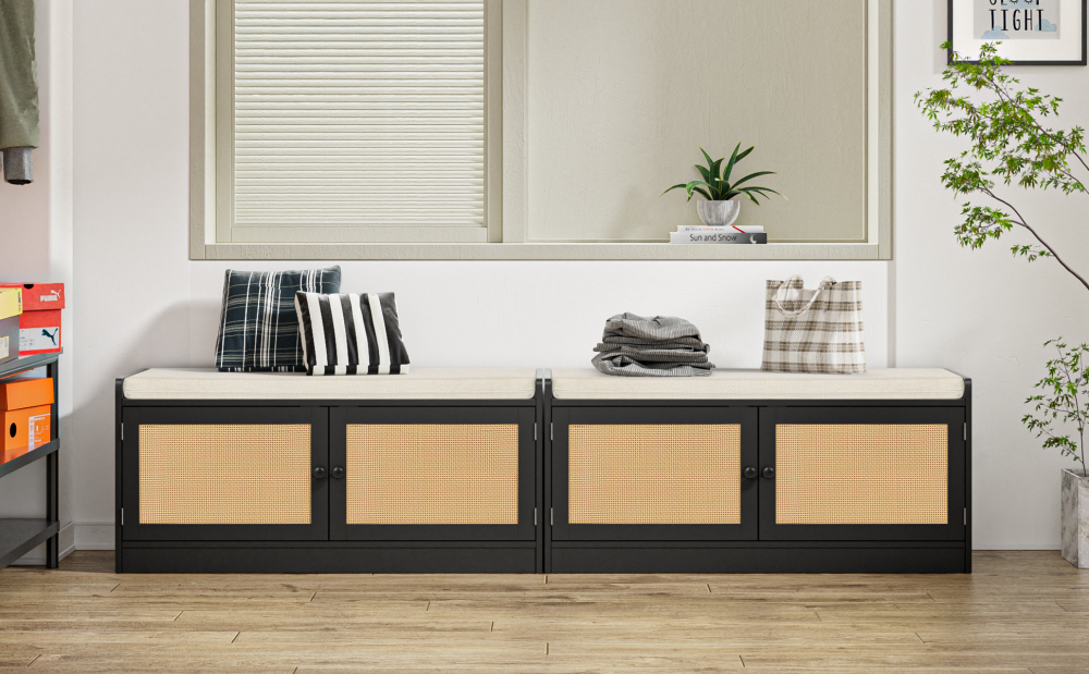 Rattan Shoe Bench, Entryway Bench with Shoe Storage Wooden Shoe Rack Bench with Cushion Seat & Adjustable Shelves, Storage Bench for Entryway