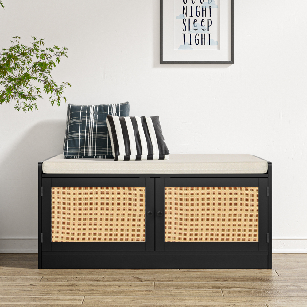 Rattan Shoe Bench, Entryway Bench with Shoe Storage Wooden Shoe Rack Bench with Cushion Seat & Adjustable Shelves, Storage Bench for Entryway